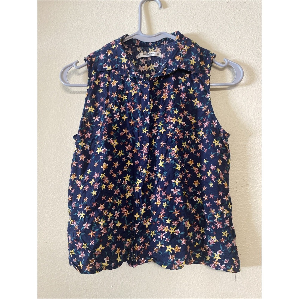 Pull & Bear Floral Navy Button Down Shirt Top Size S